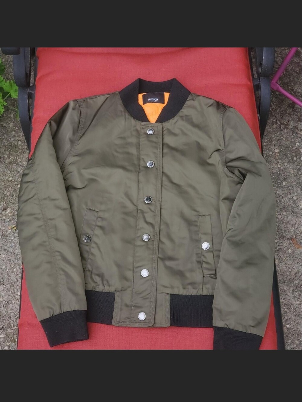 Hudson Jeans Olive Bomber Jacket with Black Trim and Orange Lining